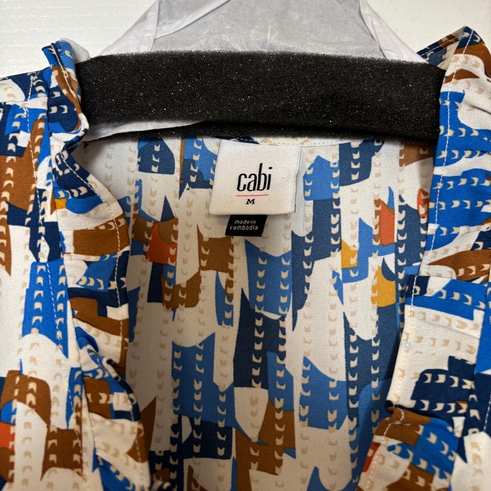 CAbi Jigsaw Top Blue and Brown Geometric Sleeveless Blouse - Picture 4 of 8